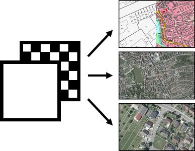 Grundkartenmodell Eine Grafik, die das Layersystem von GIS illustriert, mit den drei verschiedenen Grundkartenoptionen, die das GIS bietet.