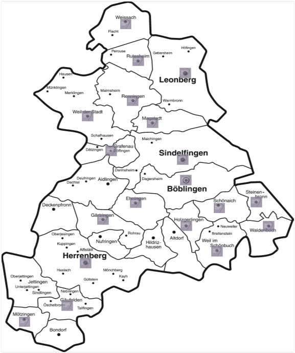 Karte Landkreis Böblingen mit Aufteilung in Gemeinden