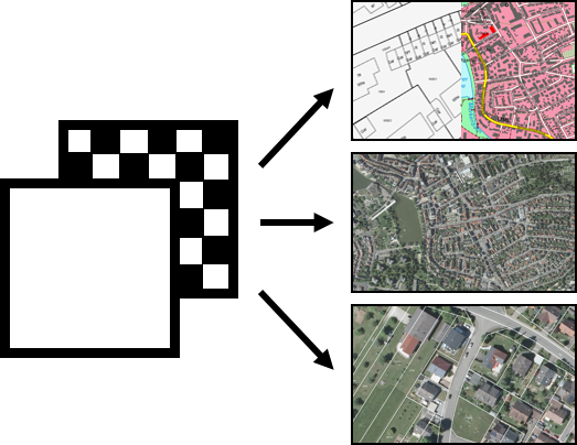 Grundkartenmodell Eine Grafik, die das Layersystem von GIS illustriert, mit den drei verschiedenen Grundkartenoptionen, die das GIS bietet.